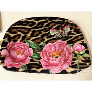 Estée Lauder Leopard Print Cosmetic Bag with Pink Floral Design Butterfly Accent